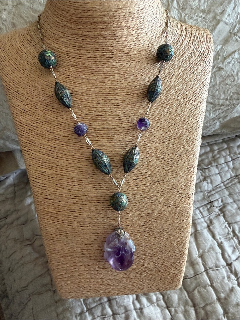 Antique Purple Amethyst Drop Necklace with Green Cloisonné Beads